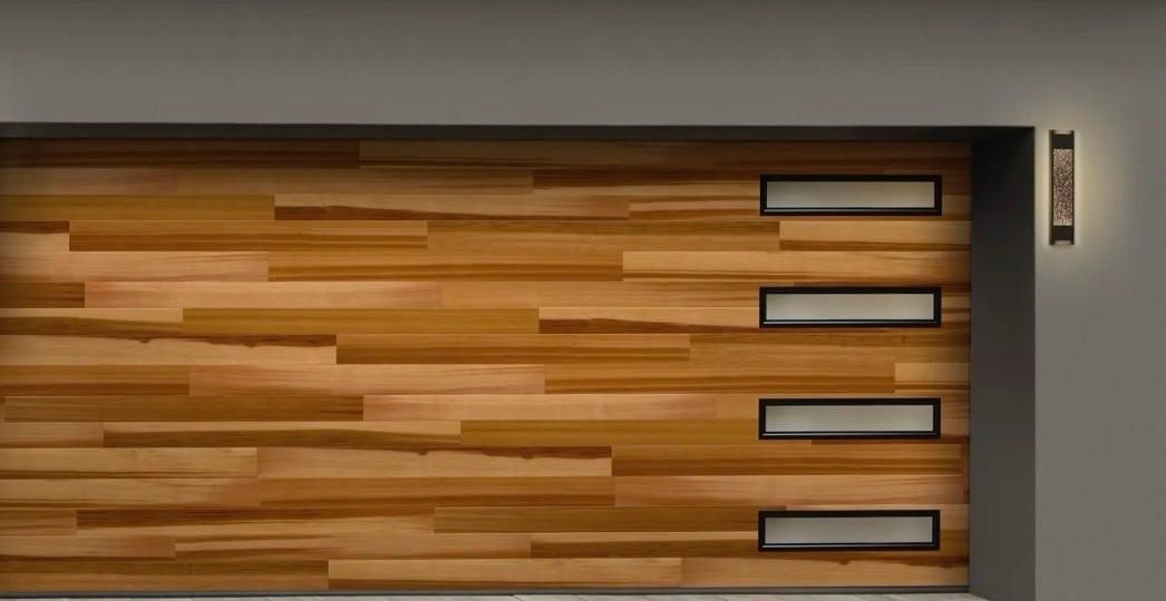 Modern natural wood garage door with frosted glass window inserts