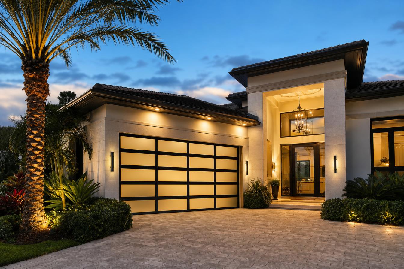 Luxury South Florida home at twilight with a premium black aluminum full-view frosted glass garage door by Unique Garage Door Services